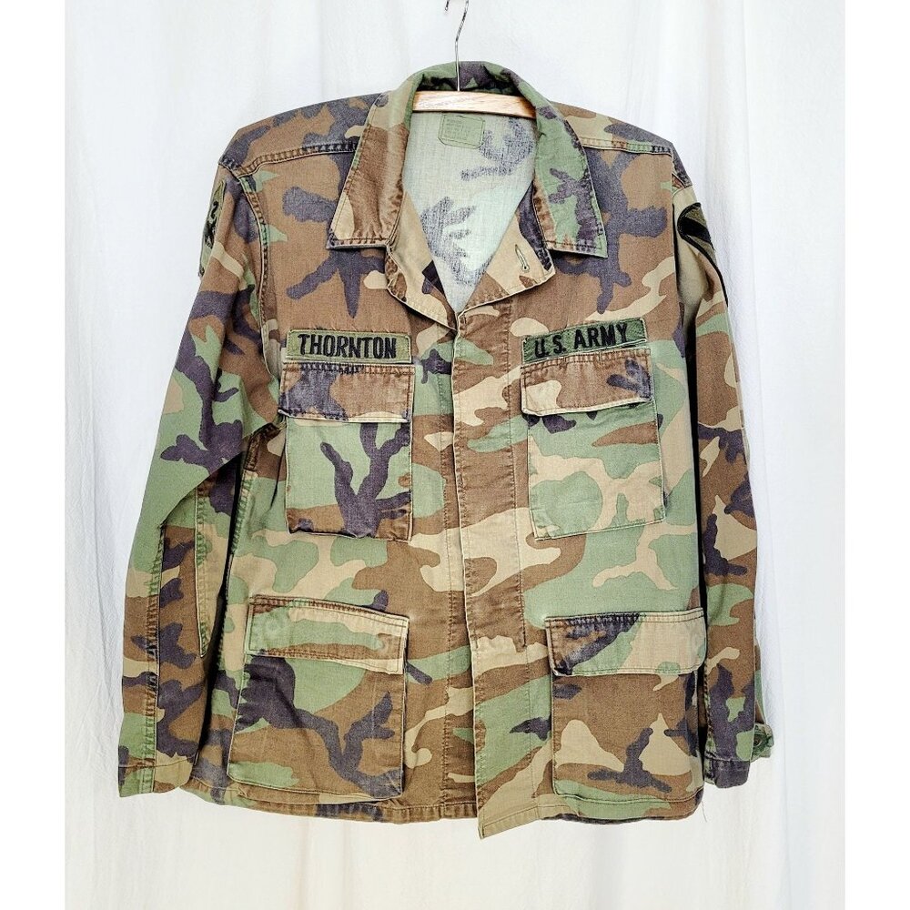 US Army 80s Woodland Camo Combat Jacket 1st CAVALRY Hell on Wheels THORNTON  M/S